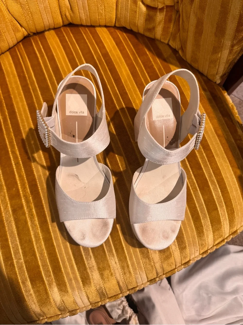 Dolce Vita Pearl White Platform Block Heel Sandals with Pearl Buckle